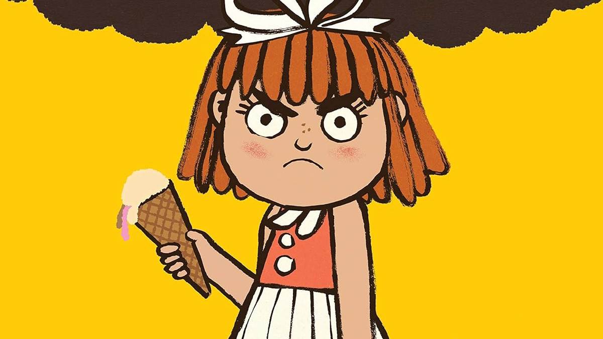 An illustration from the front cover of Sometimes I Am Furious - a girl looking furious while holding a dripping ice cream cone