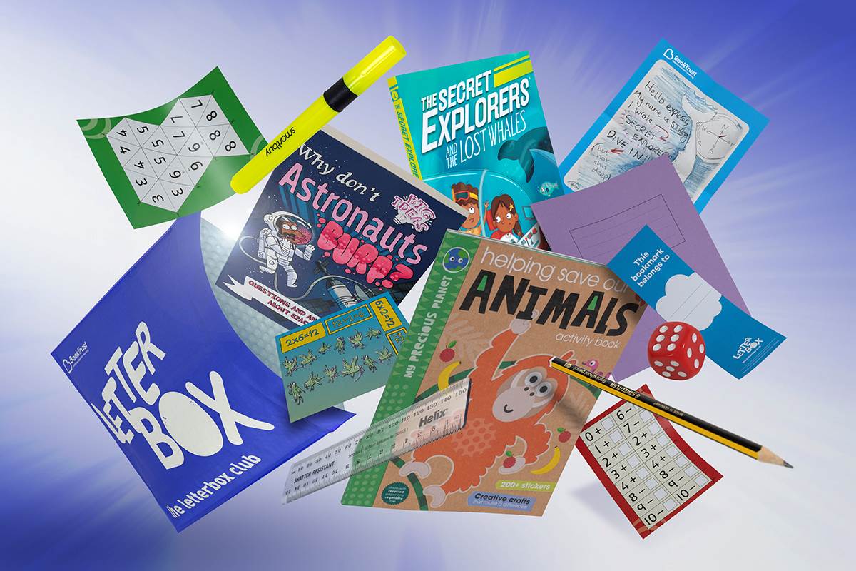 An example Letterbox Club parcel containing books, maths games and stationery