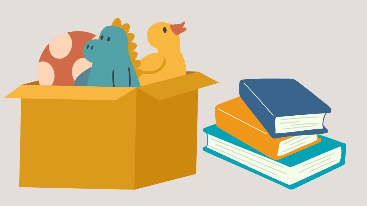An illustration of an open cardboard box with a dinosaur toy, duck toy and ball in it next to a pile of three books