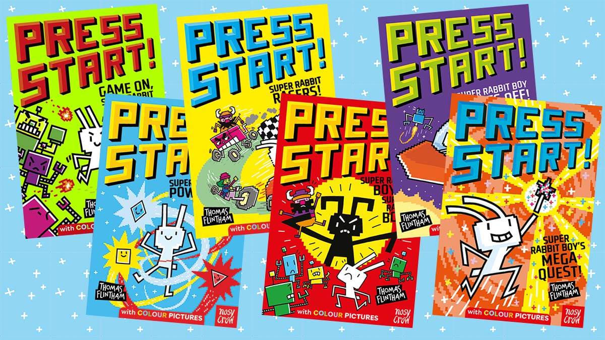 The front covers of Press Start: Game On Super Rabbit; Press Start: Super Rabbit Boy Powers Up; Press Start: Super Rabbit Racers; Press Start: Super Rabbit Boy vs Super Rabbit Boss; Press Start: Super Rabbit Boy Blasts Off; Press Start: Super Rabbit Boy's Mega Quest