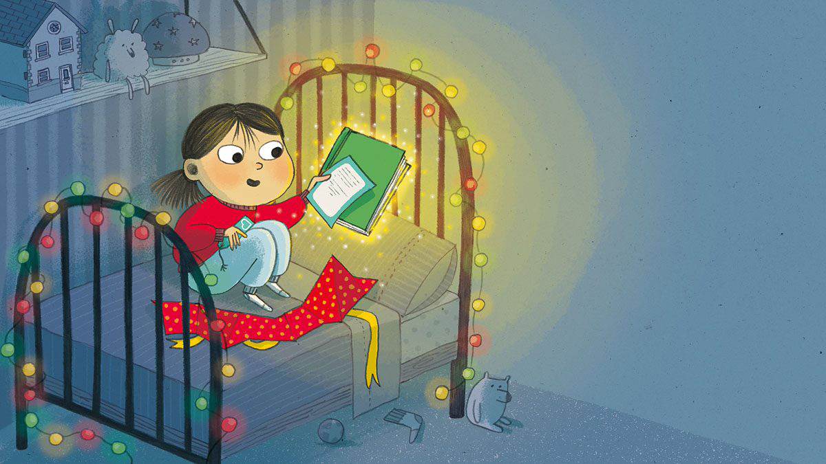 An illustration of a girl on a bed opening up a parcel to reveal a glowing book and letter
