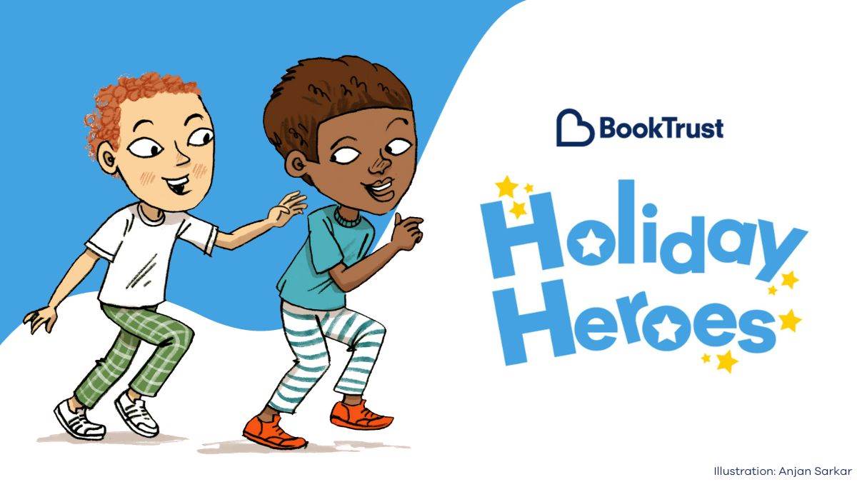 An illustration of two children running next to the BookTrust Holiday Heroes logo
