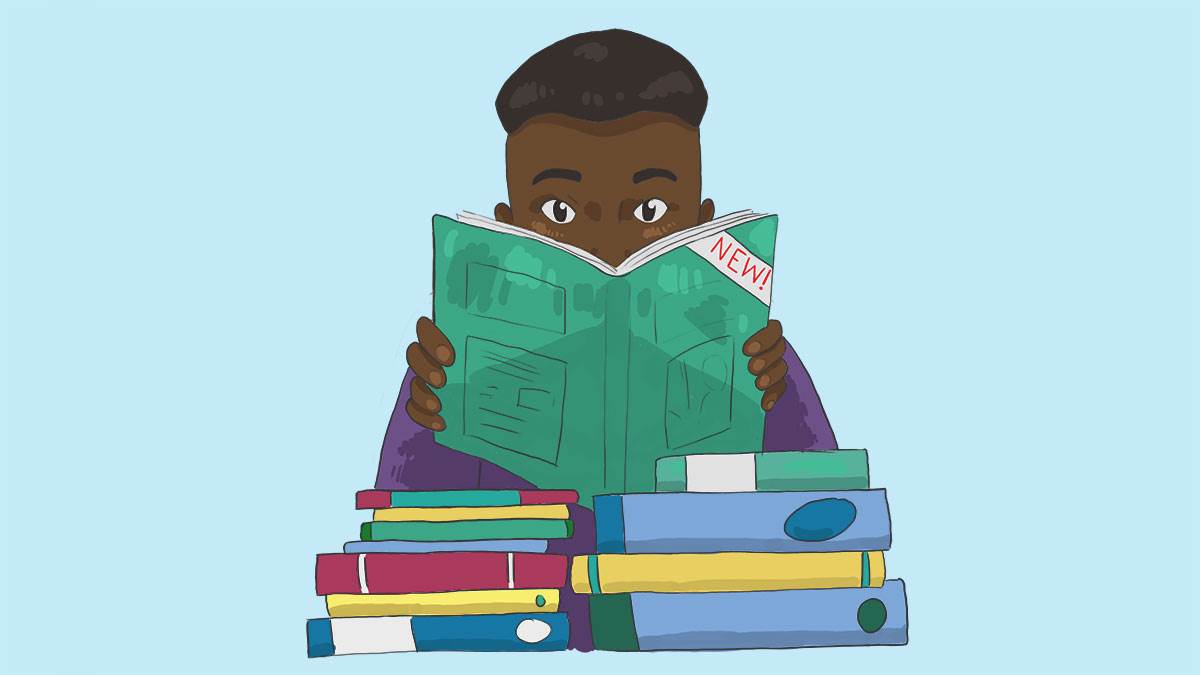 An illustration of a boy reading a book marked 'new' with a pile of books in front of him
