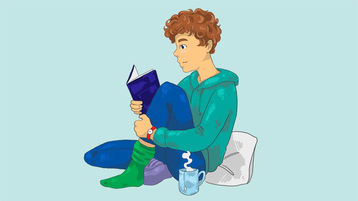 An illustration of a boy propped up against a pillow reading with a cup of tea beside him