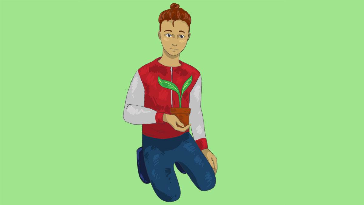 An illustration of a boy holding a plant