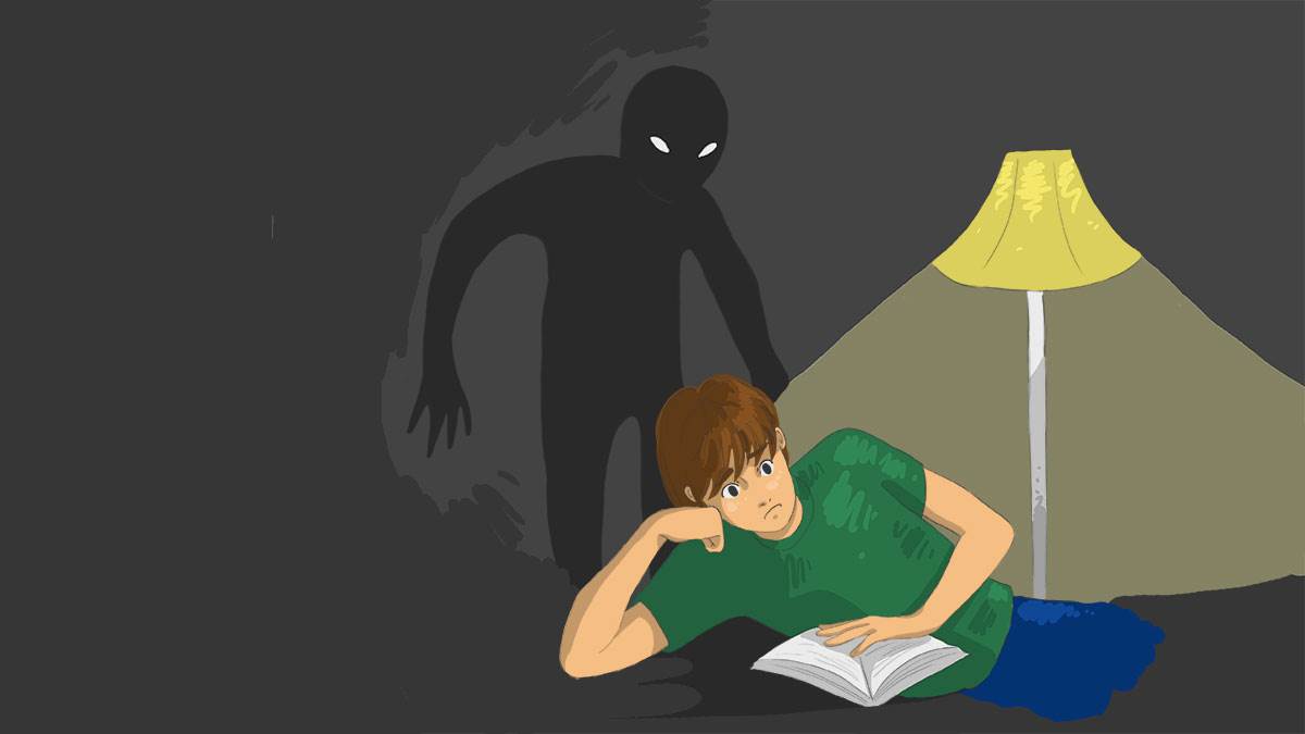 An illustration of a boy reading a scary story as a shadowy figure creeps up behind them