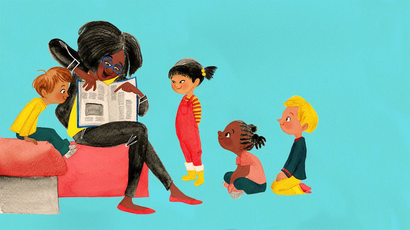 An illustration of a woman reading to a group of children by Erika Meza