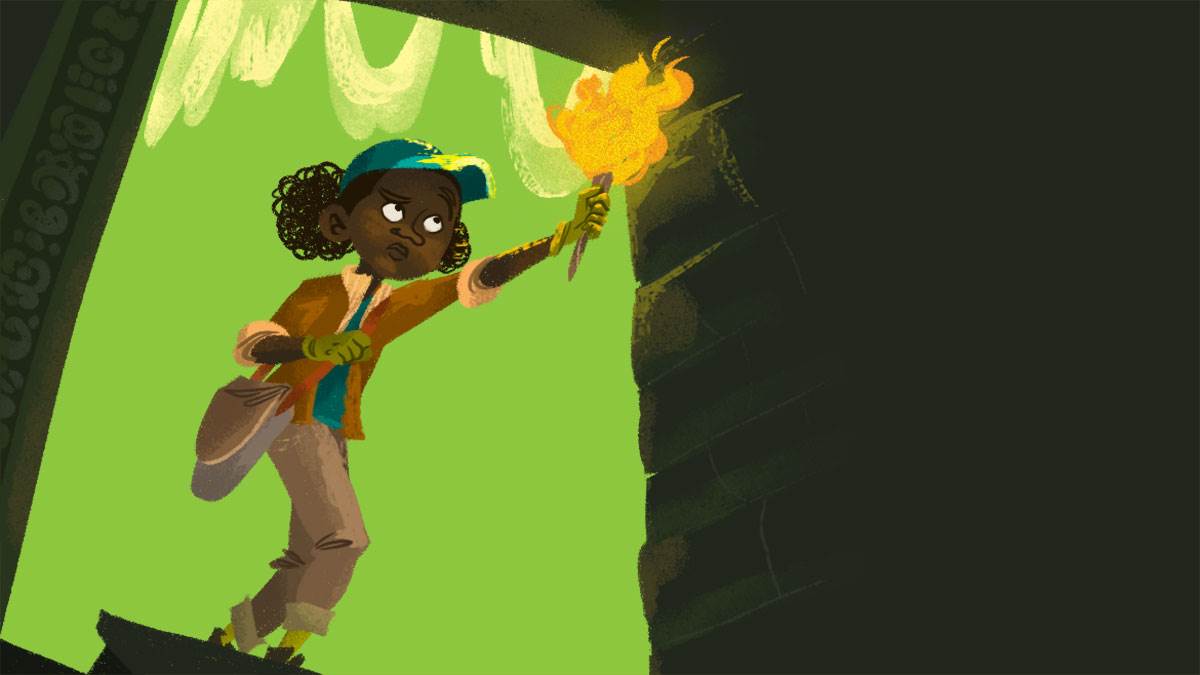 A girl entering a cave with a flaming torch