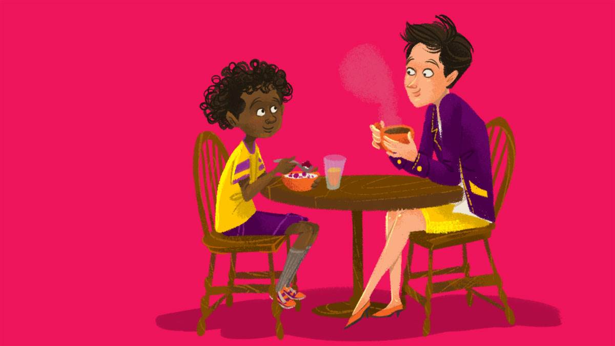 An illustration of a child and woman sitting at a breakfast table talking - the child is eating cereal while the woman is cupping a hot drink