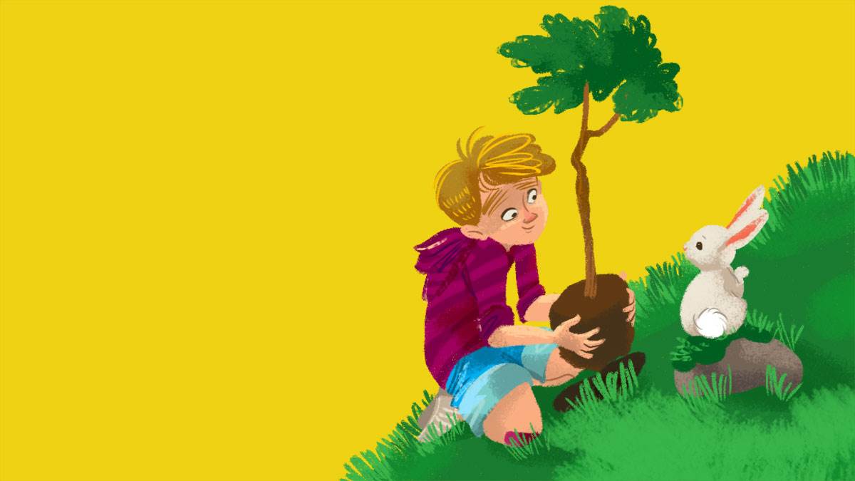 An illustration of a boy planting a tree