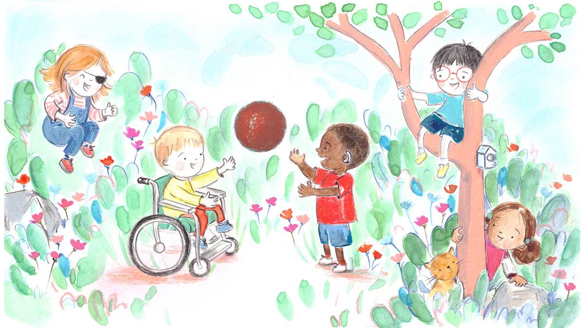 A diverse group of children with disabilities playing in a garden.