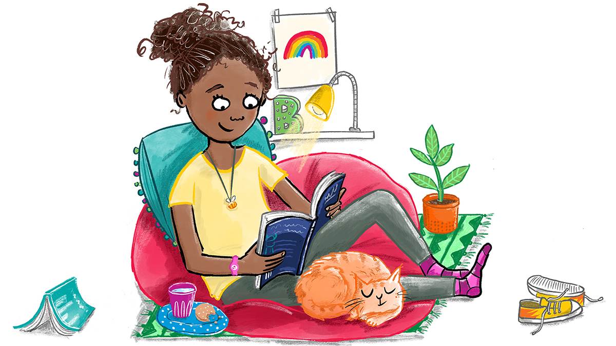 Girl reading at home illustration by Hannah Shaw