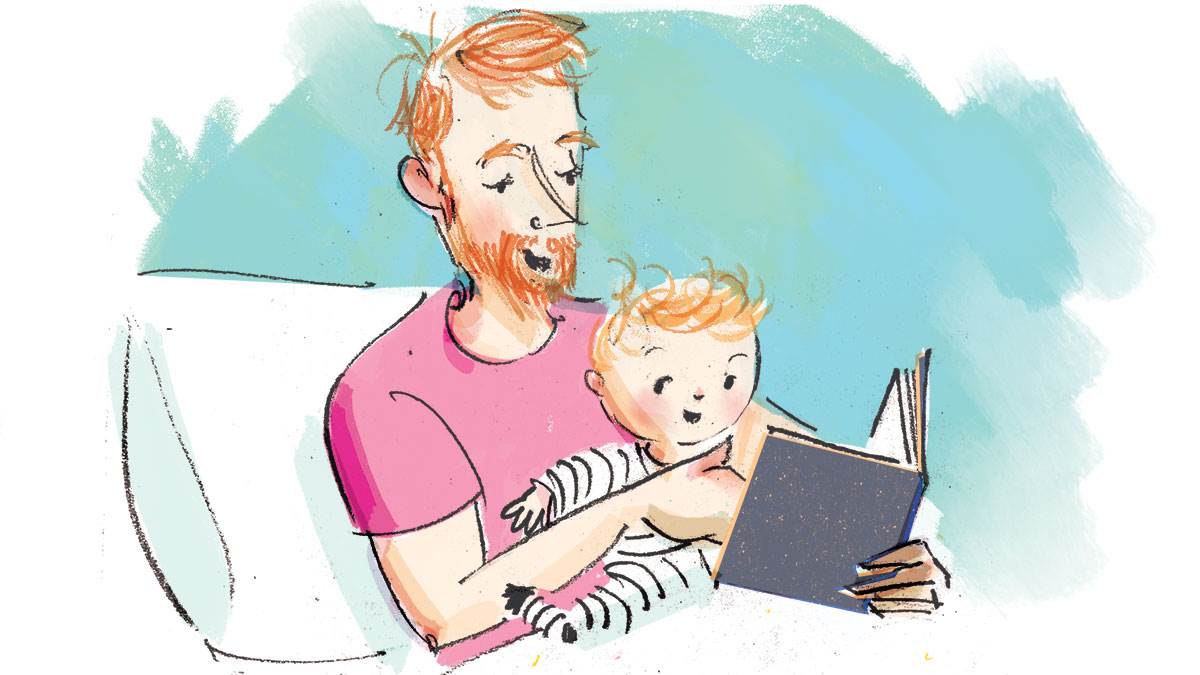 An illustration of a man reading to a young child.