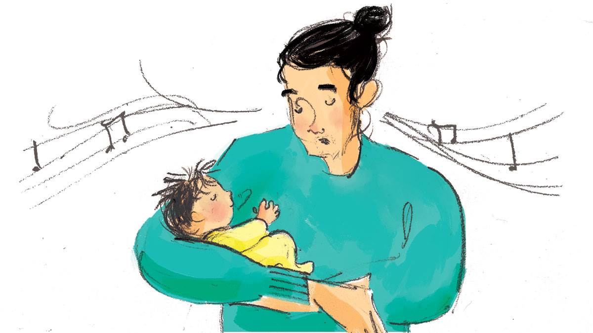 An illustration of an adult holding a baby in their arms, singing to them