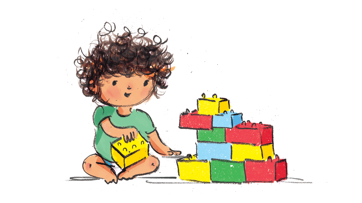 An illustration of a young child playing with blocks