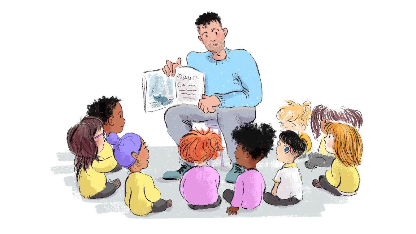An illustration of a man reading to a group of children by Kate Alizadeh