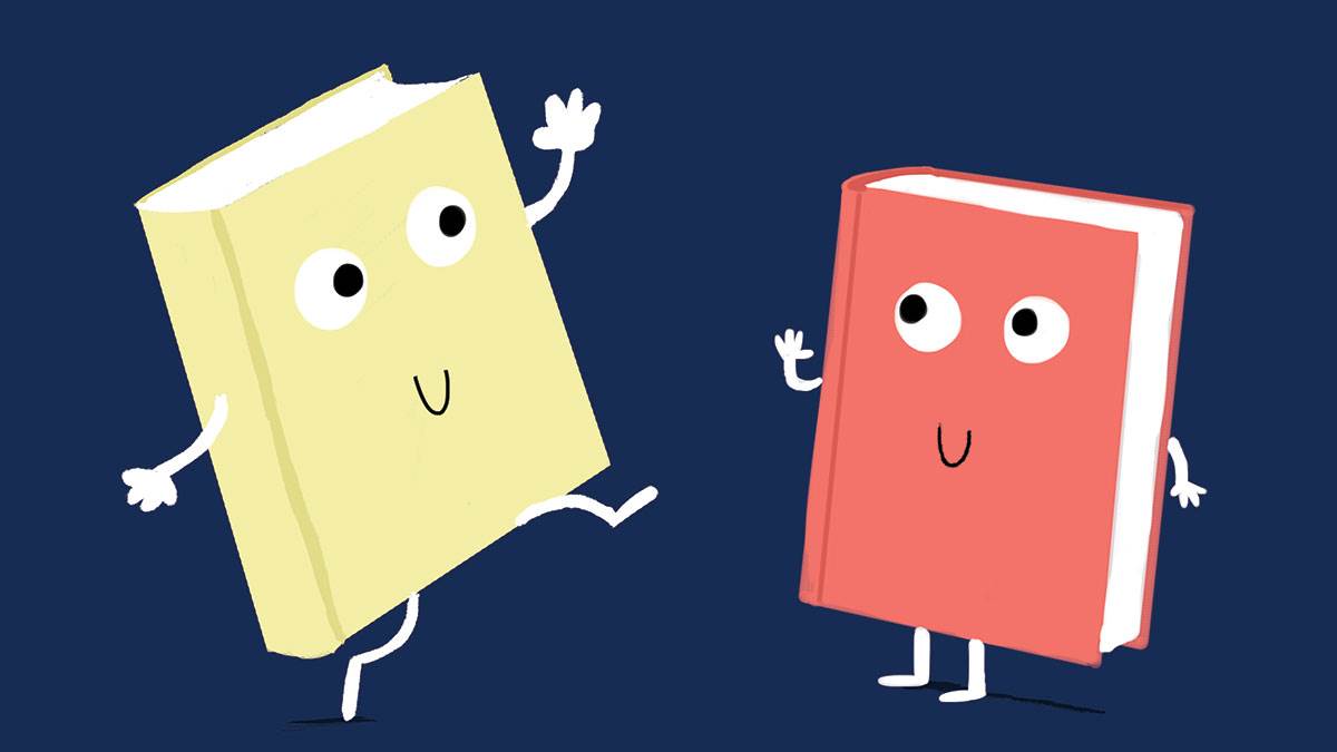 An illustration of smiling dancing books