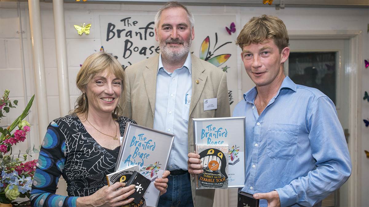 Penny Thomas, Chris Riddell and Horatio Clare at the Branford Boase Awards