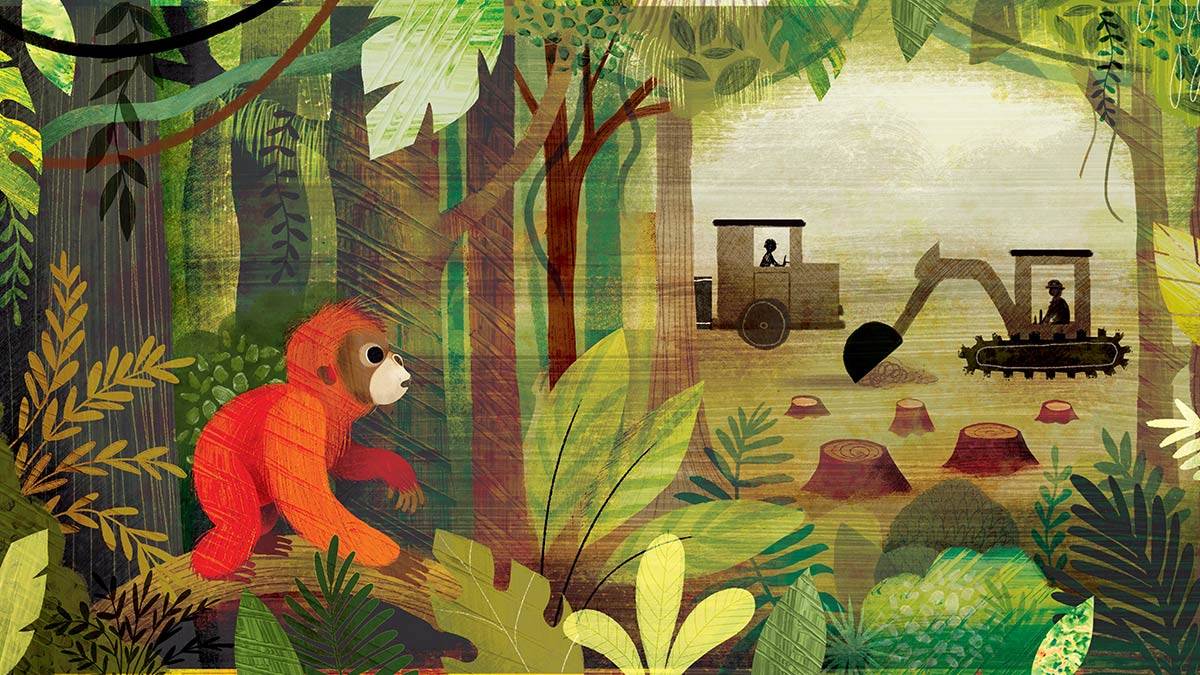 An illustration of an orangutan watching a digger destroy the rainforest