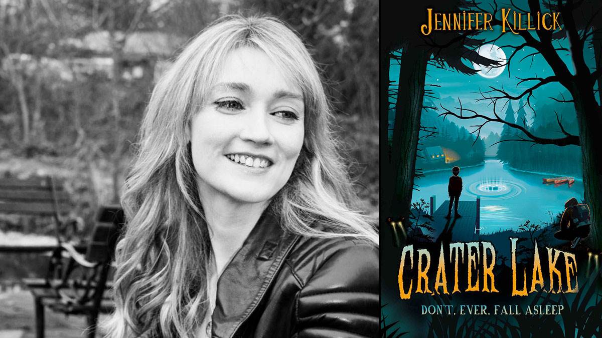 Jennifer Killick and the front cover of her book Crater Lake