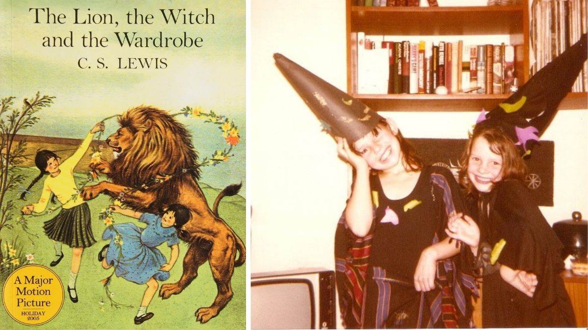 Eloise Williams as a child and the cover of The Lion, The Witch and The Wardrobe