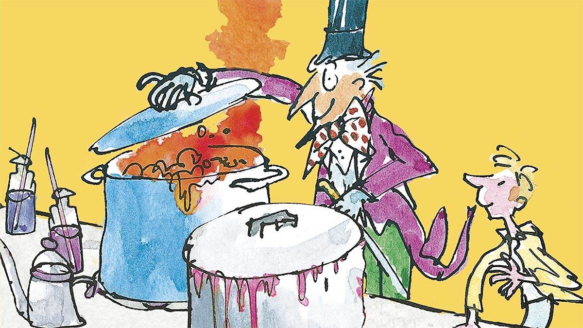 An illustration from Charlie and the Chocolate Factory - Willy Wonka looking in big vats as Charlie watches on