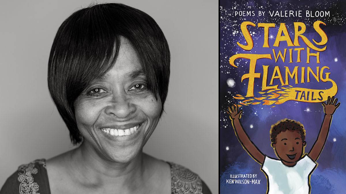 Valerie Bloom and the front cover of Stars with Flaming Tails