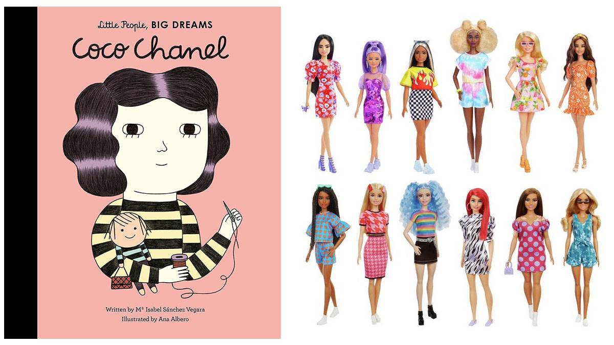 The front cover of Little People Big Dreams: Coco Chanel and a range of Barbie Fashionista dolls