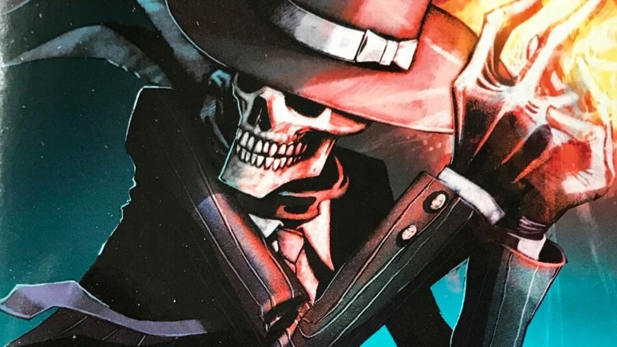 An illustration of a skeleton grinning and wearing a suit and hat from the front cover of one of the Skulduggery Pleasant books