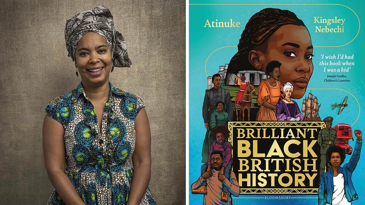 A photo of Atinuke and the front cover of her book Brilliant Black British History