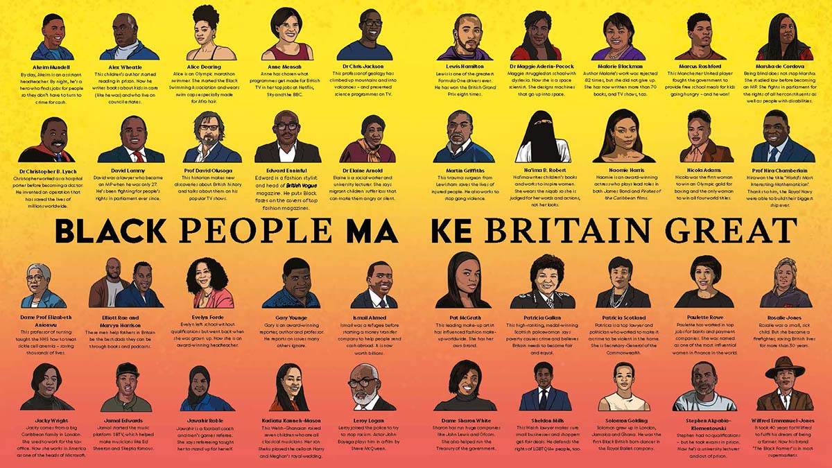 A spread from Brilliant Black British History featuring illustrations and information titled 'Black People Make Britain Great'