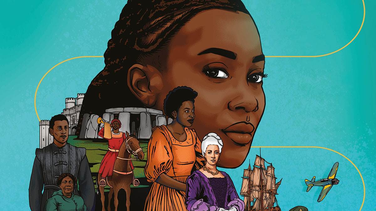 An illustration from the front cover of Brilliant Black British History - a young Black woman's face, surrounded by Black figures from history