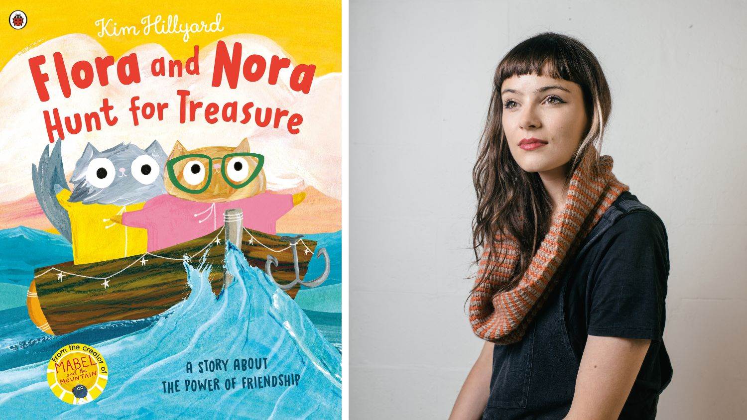 Author-illustrator Kim Hillyard and the cover of Flora and Nora Hunt for Treasure