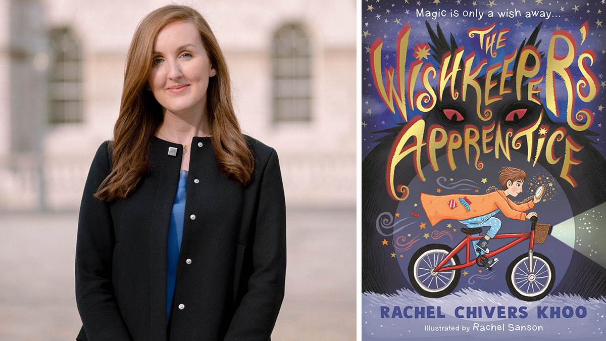 A photo of Rachel Chivers Khoo and the front cover of her book The Wishkeeper's Apprentice