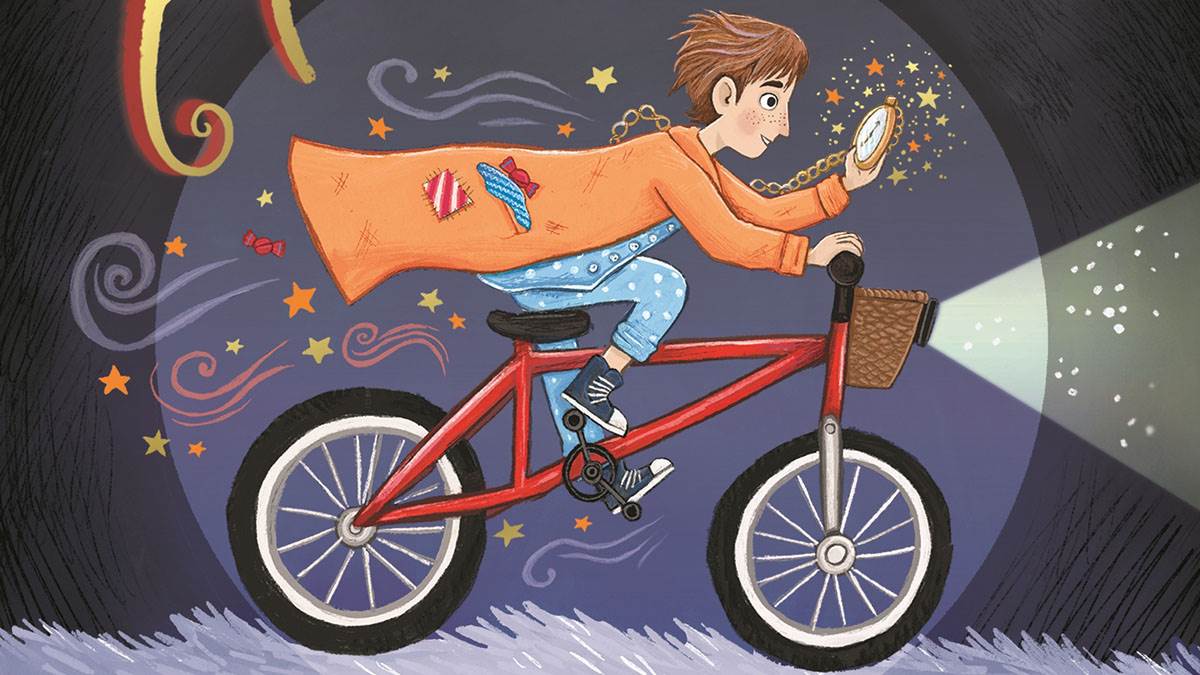 An illustration from the front cover of The Wishkeeper's Apprentice - a child wearing a long flowing coat riding a bicycle through the night, holding a golden wishfulness gauge ahead of him