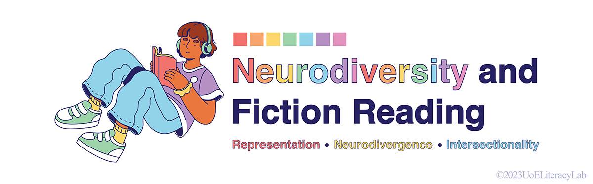 An illustration of a young person smiling and reading while wearing headphones plus the words: "Neurodiversity and fiction reading - representation, neurodivergence, intersectionality'