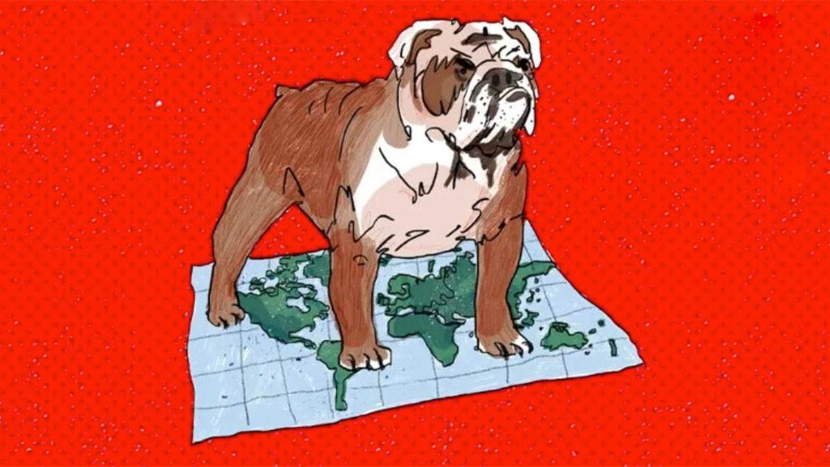 An illustration from the front cover of Stolen History - an angry bulldog standing on a map of the world