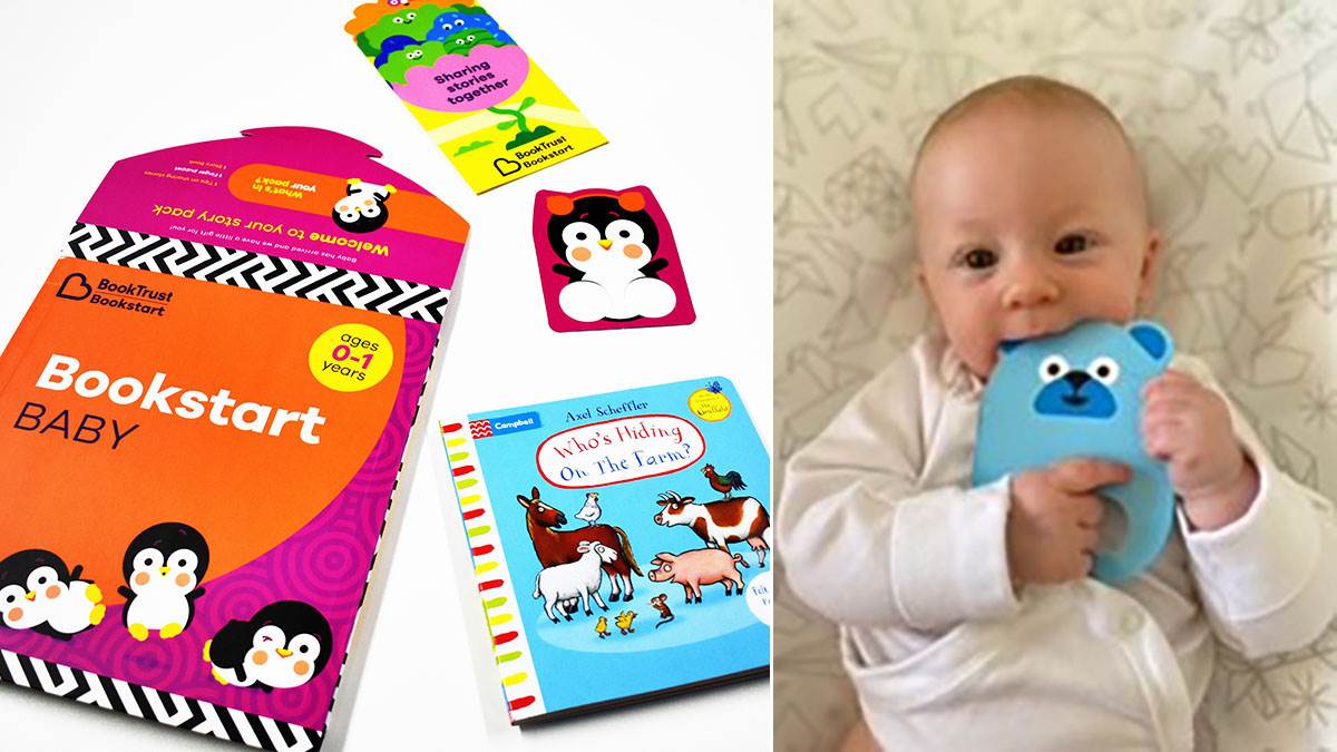 A Bookstart Baby pack and a photo of Liz's baby daughter chewing a finger puppet