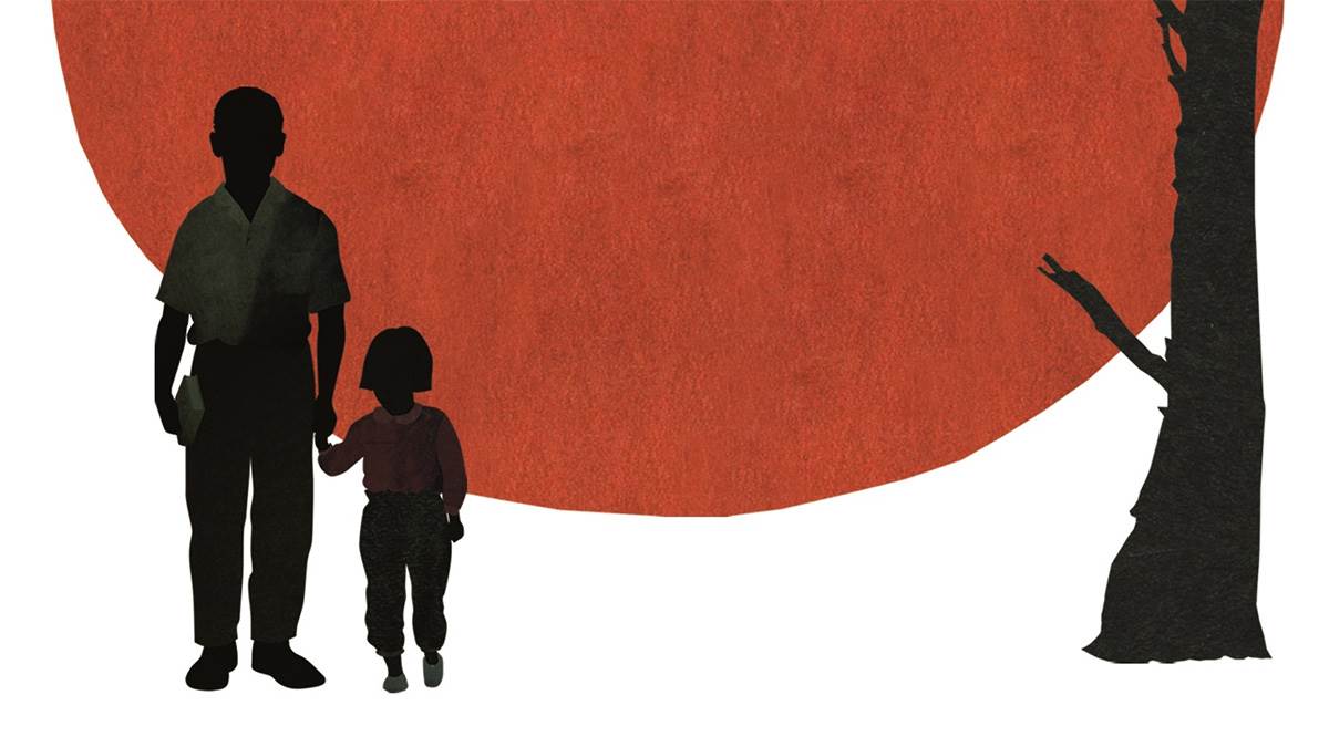 An illustration from the front cover of The Last Paper Crane - a silhouette of a man and a child in front of a big red circle, with a silhouetted tree to the right