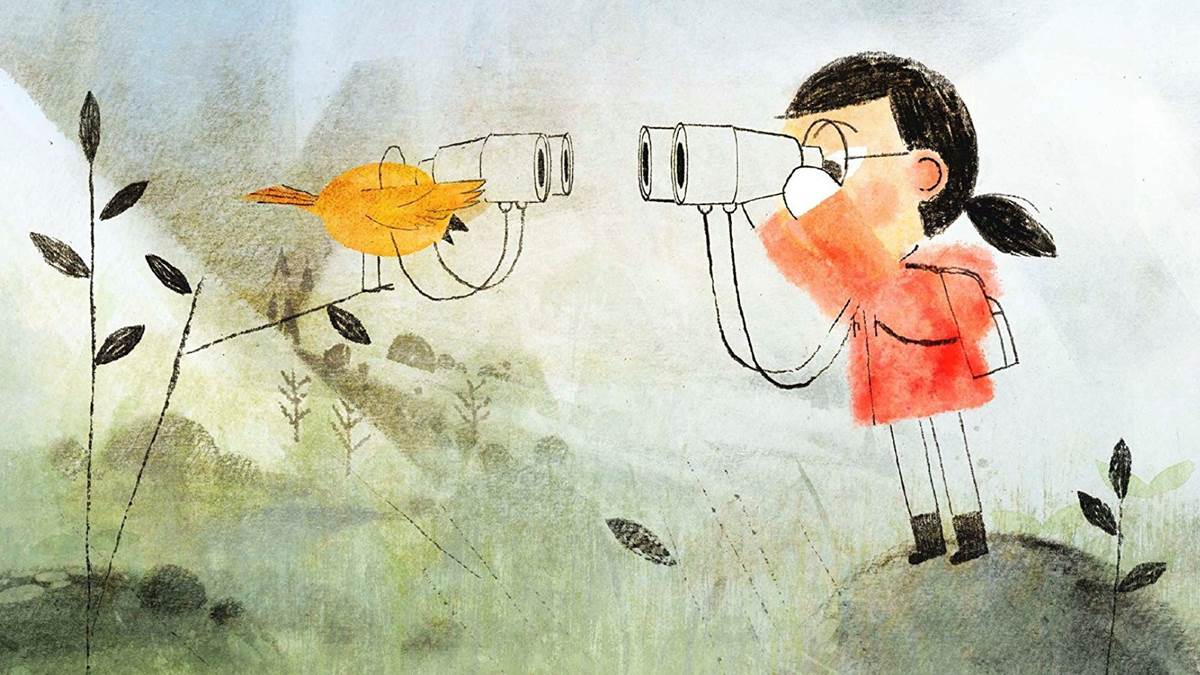 An illustration from The Fog - a bird and a child looking at each other through binoculars