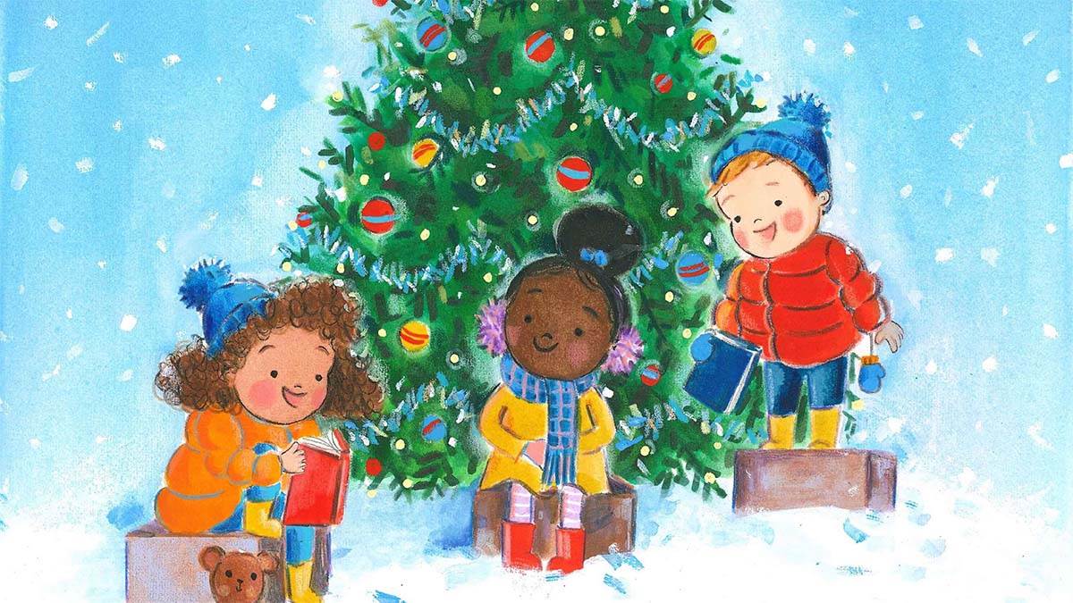 An illustration of three children smiling and reading around a Christmas tree in the snow, from this year's festive book parcel poster