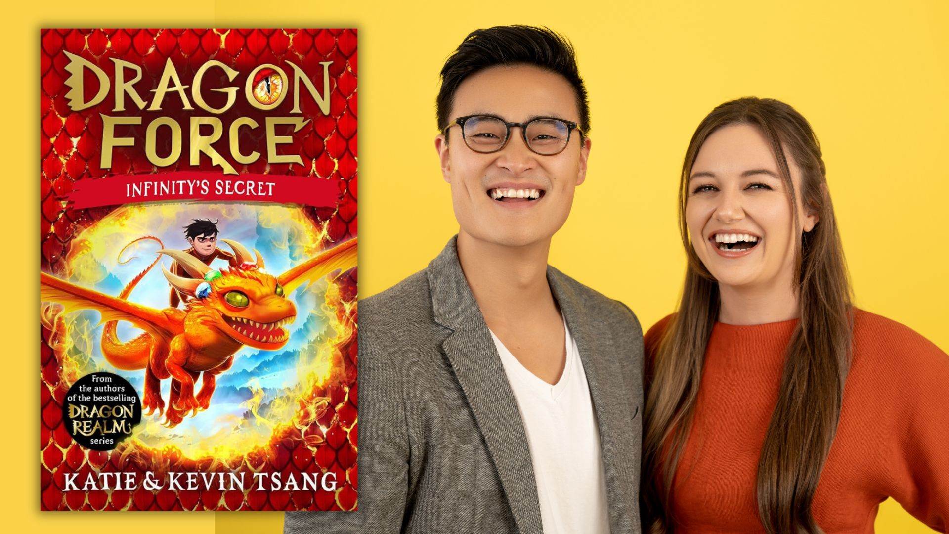 Kevin and Katie Tsang and the cover of Dragon Force: Infinity's Secret 