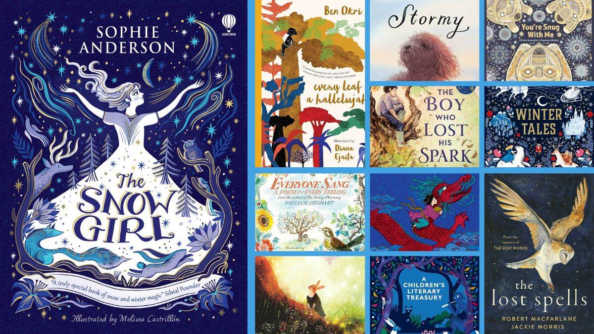 The front covers of The Snow Girl, Every Leaf a Hallelujah, Stormy, You're Snug With Me, The Boy Who Lost His Spark, Winter Tales, Everyone Sang, Where the Mountain Meets the Moon, Cress Watercress, A Children's Literary Treasury, and The Lost Spells
