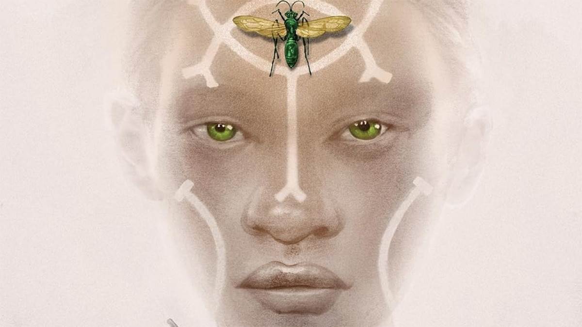 An illustration of a person's face with green eyes and an insect resting on their forehead, from the front cover of Akata Witch