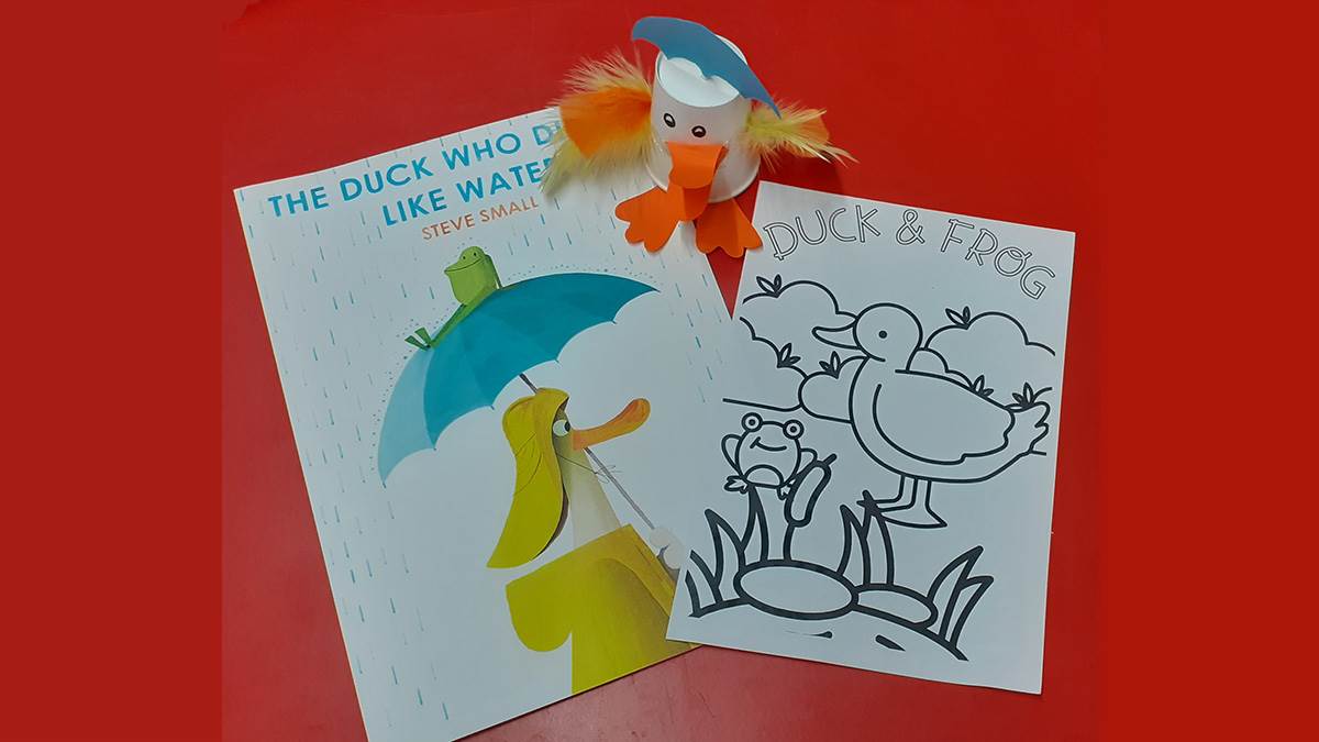 The BookTrust Storytime 2022/23 book The Duck Who Didn't Like Water, plus a duck craft activity and duck and frog colouring sheet