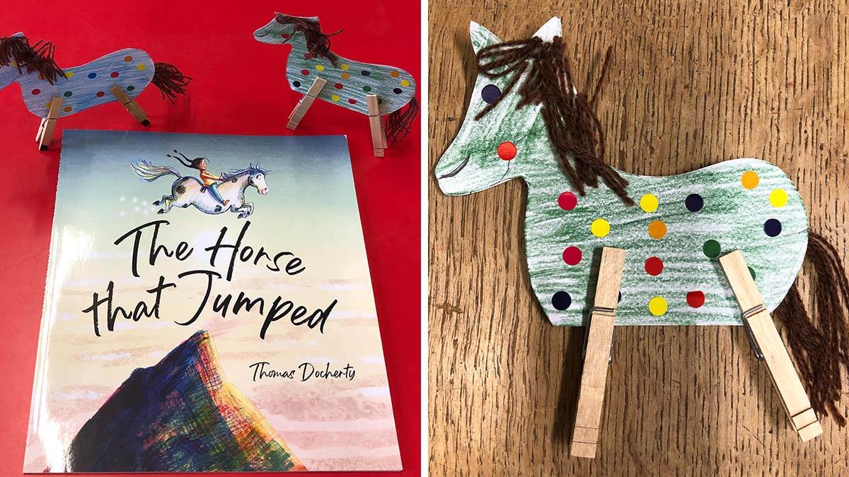 The book The Horse That Jumped, plus horses made in a craft activity