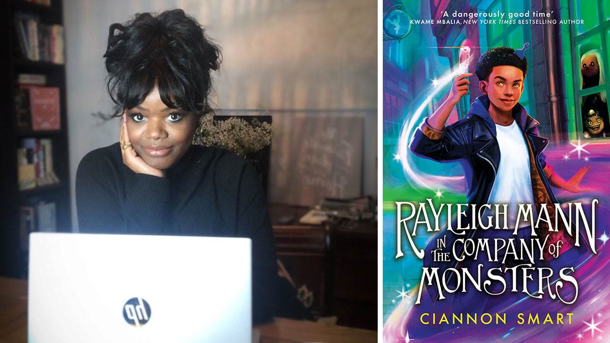 A photo of Ciannon Smart resting her head in her hand in front of her laptop, plus the front cover of her book Rayleigh Mann in the Company of Monsters