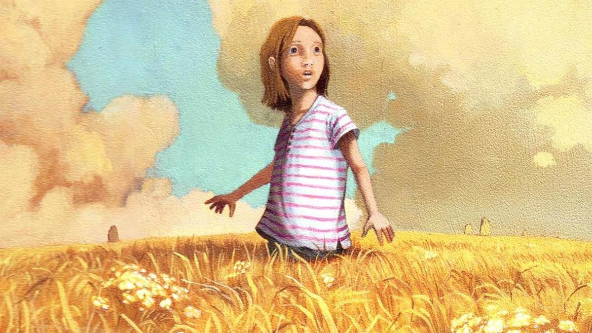An illustration from the front cover of Marianne Dreams - a girl looking worried while standing in a corn field