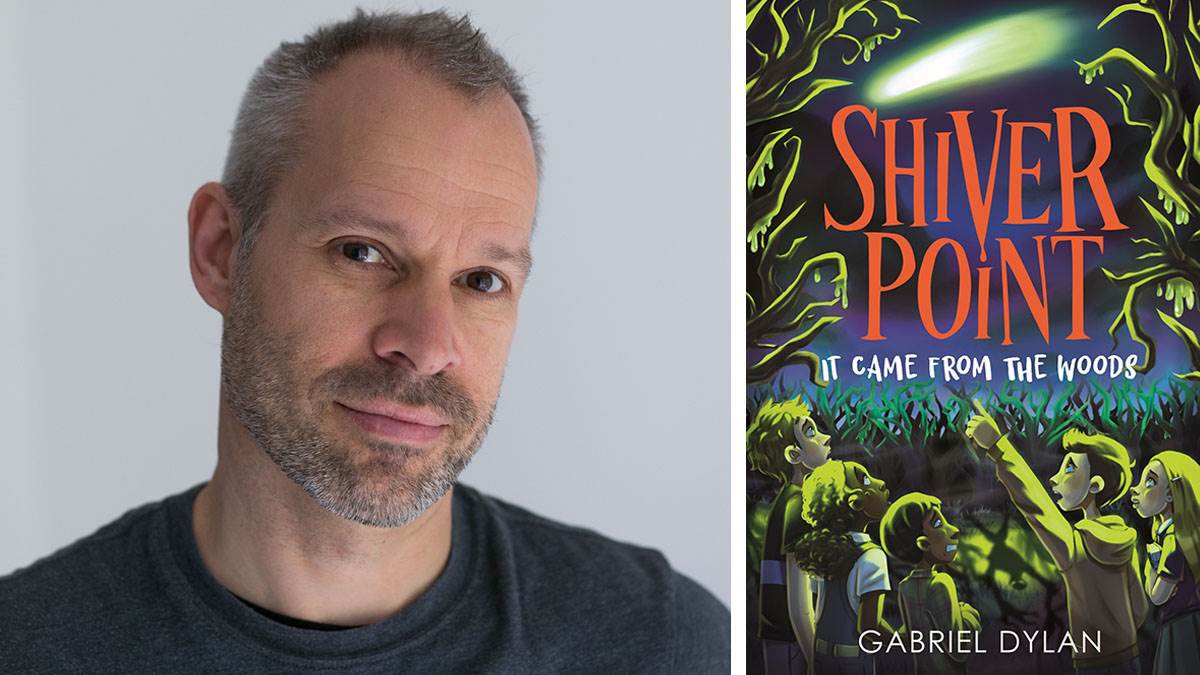 Gabriel Dylan and the front cover of his book Shiver Point: It Came From The Woods