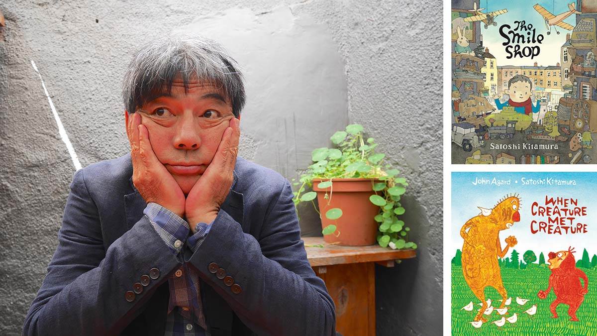A photo of Satoshi Kitamura with his head in his hands, plus the front covers of The Smile Shop and When Creature Met Creature